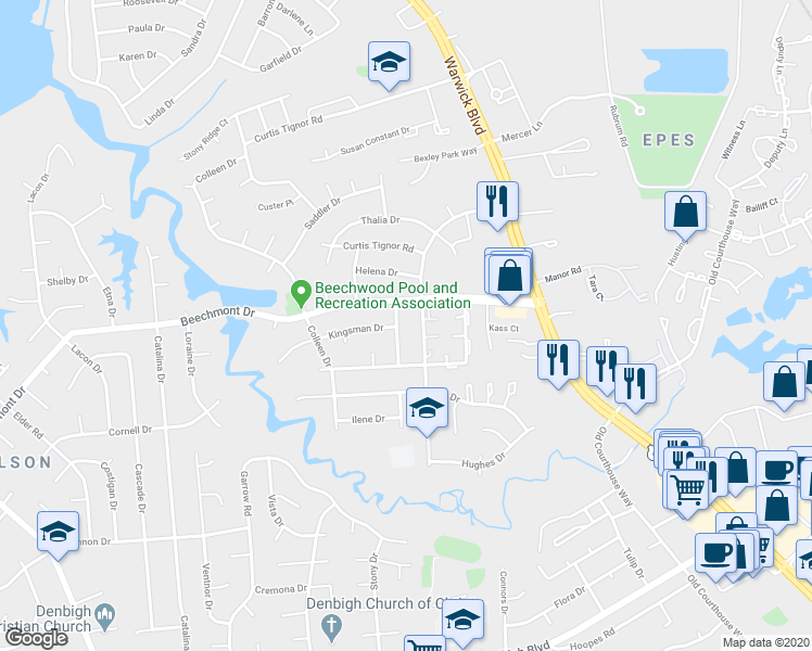 map of restaurants, bars, coffee shops, grocery stores, and more near 890 Clemson Drive in Newport News