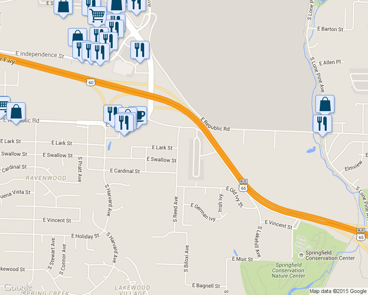 map of restaurants, bars, coffee shops, grocery stores, and more near 4304 South Reed Avenue in Springfield