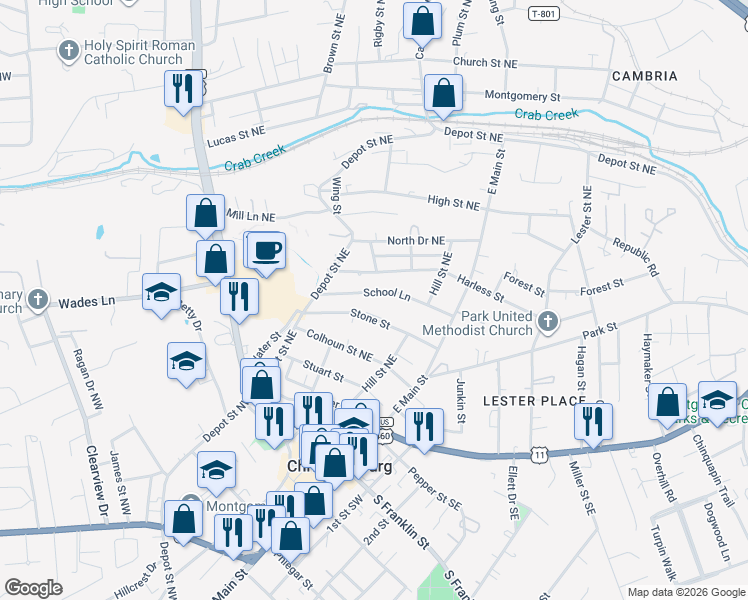 map of restaurants, bars, coffee shops, grocery stores, and more near 565 School Lane in Christiansburg