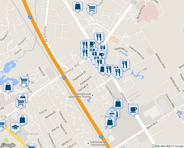 map of restaurants, bars, coffee shops, grocery stores, and more near 529 Ashwood Drive in Newport News