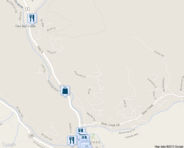 map of restaurants, bars, coffee shops, grocery stores, and more near 155 Hummingbird Lane in Boulder Creek