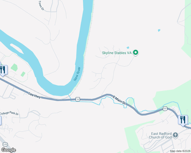 map of restaurants, bars, coffee shops, grocery stores, and more near 299 Ridge Ln in Radford