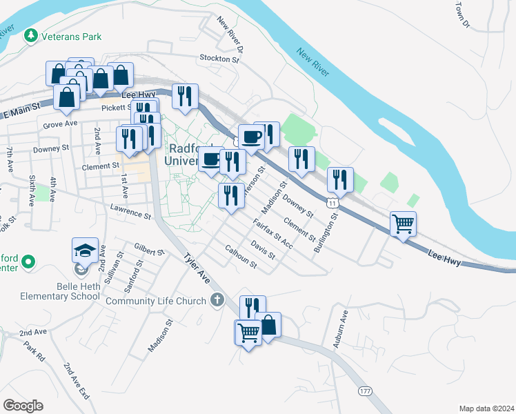 map of restaurants, bars, coffee shops, grocery stores, and more near 603 Clement Street in Radford
