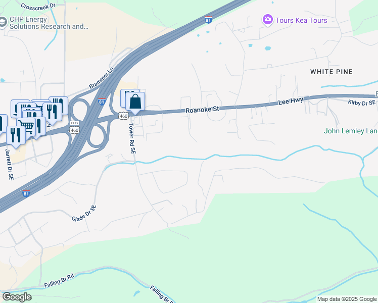 map of restaurants, bars, coffee shops, grocery stores, and more near 355 Patricia Lane Southeast in Christiansburg