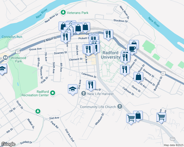 map of restaurants, bars, coffee shops, grocery stores, and more near 1015 Calhoun Street in Radford