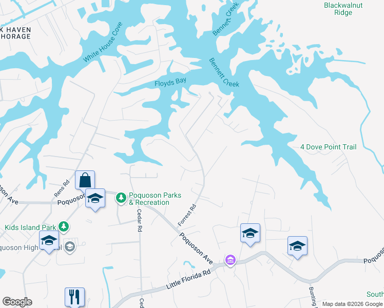map of restaurants, bars, coffee shops, grocery stores, and more near 85 Forrest Road in Poquoson