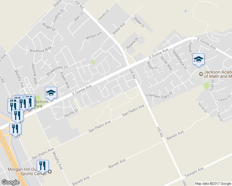 map of restaurants, bars, coffee shops, grocery stores, and more near 16855 Zinfindel Circle in Morgan Hill