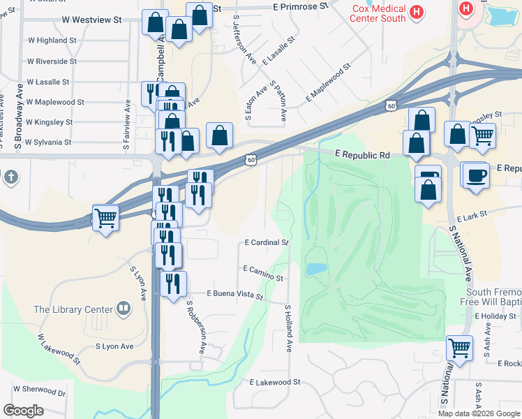 map of restaurants, bars, coffee shops, grocery stores, and more near 4327 South Roanoke Avenue in Springfield