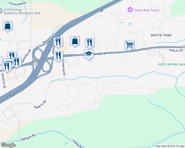 map of restaurants, bars, coffee shops, grocery stores, and more near 355 Patricia Lane Southeast in Christiansburg