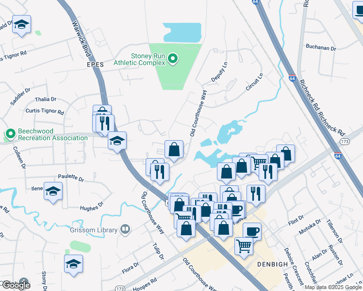 map of restaurants, bars, coffee shops, grocery stores, and more near 14551 Old Courthouse Way in Newport News