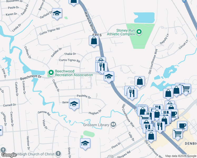 map of restaurants, bars, coffee shops, grocery stores, and more near 382 Beechmont Drive in Newport News