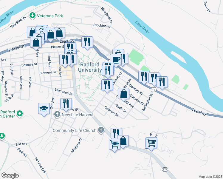 map of restaurants, bars, coffee shops, grocery stores, and more near 606 Fairfax Street in Radford