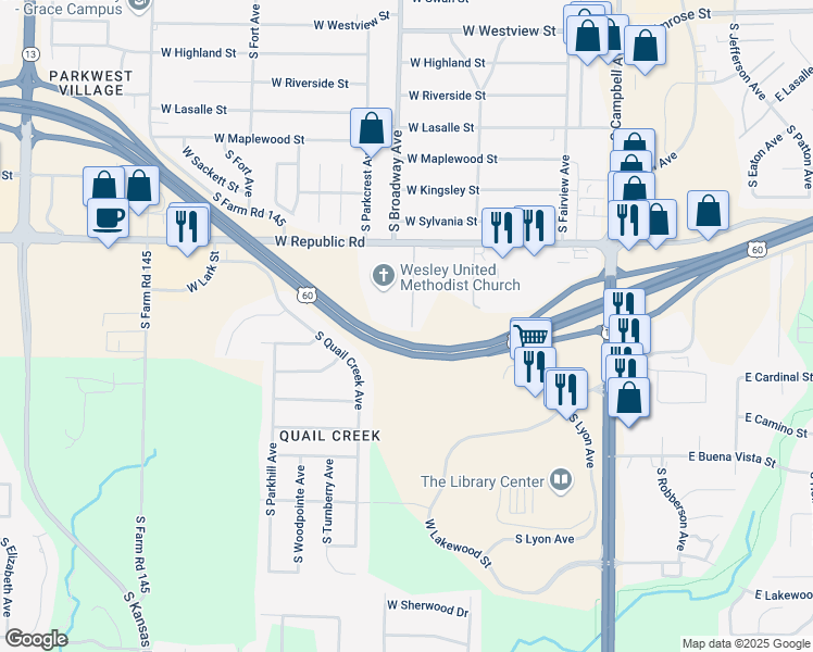 map of restaurants, bars, coffee shops, grocery stores, and more near 4333 South Broadway Avenue in Springfield