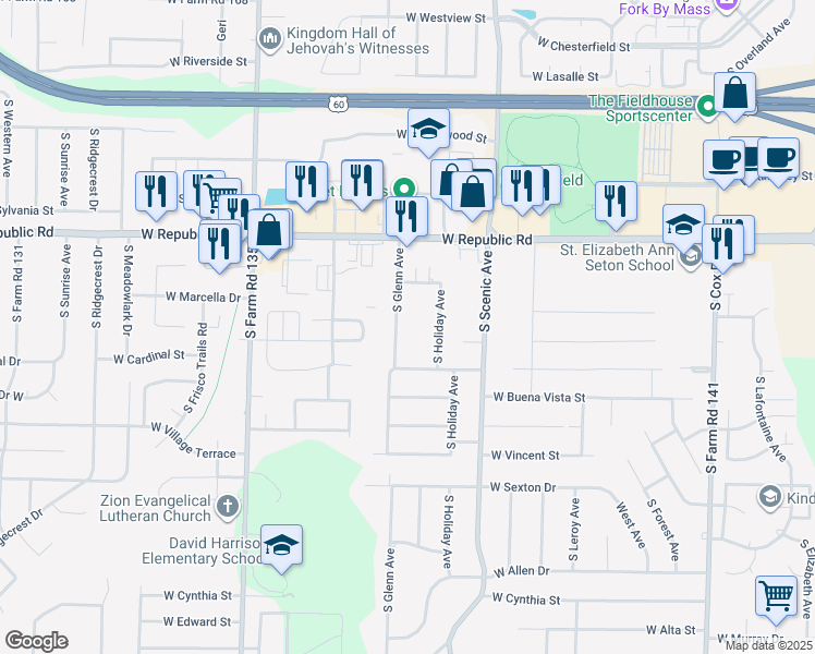 map of restaurants, bars, coffee shops, grocery stores, and more near 4334 South Glenn Avenue in Springfield