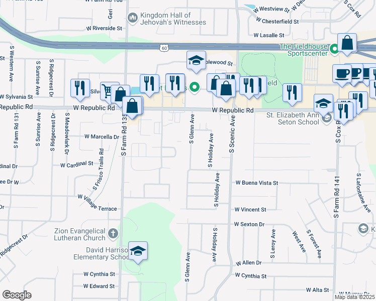 map of restaurants, bars, coffee shops, grocery stores, and more near 4334 South Glenn Avenue in Springfield