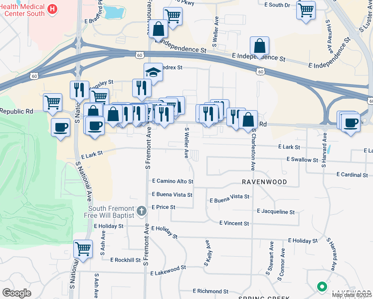 map of restaurants, bars, coffee shops, grocery stores, and more near 4327 South Weller Avenue in Springfield