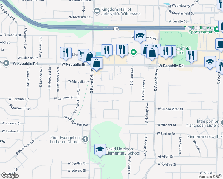 map of restaurants, bars, coffee shops, grocery stores, and more near 2982 West Swallow Street in Springfield