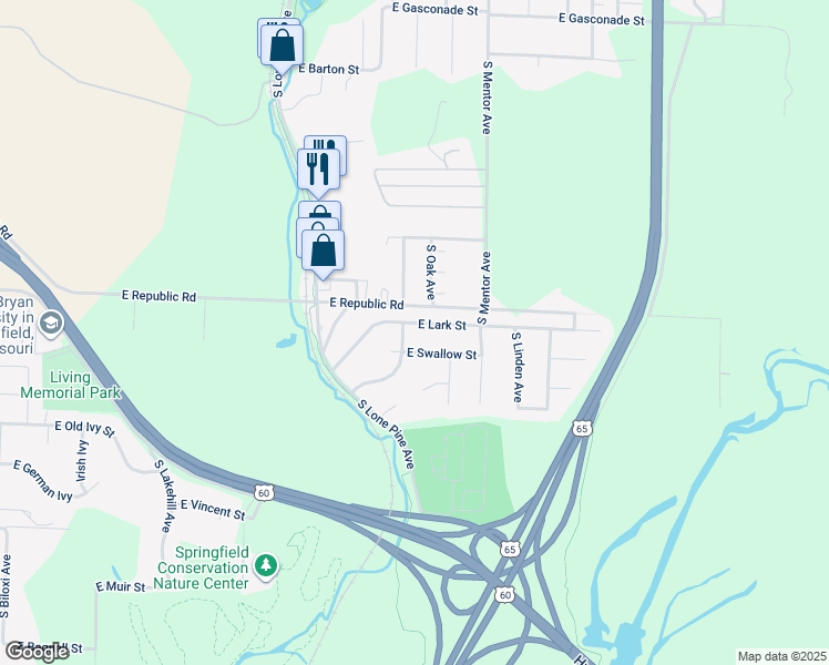 map of restaurants, bars, coffee shops, grocery stores, and more near 3112 East Lark Street in Springfield