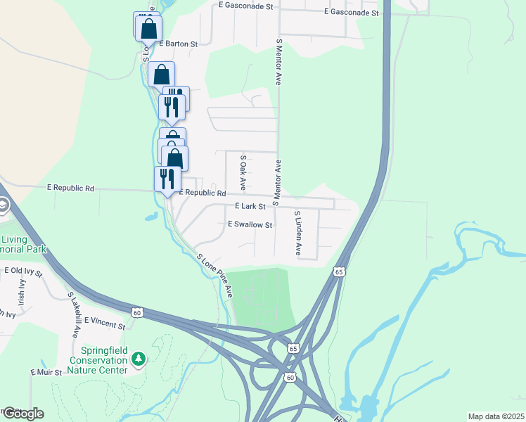 map of restaurants, bars, coffee shops, grocery stores, and more near 3156 East Lark Street in Springfield