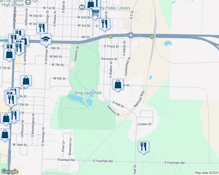 map of restaurants, bars, coffee shops, grocery stores, and more near 827 South Walker Street in Webb City