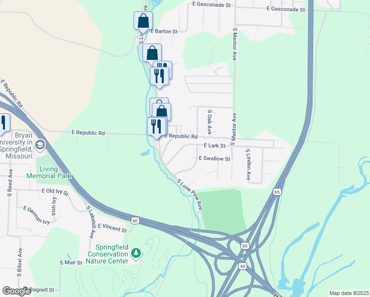 map of restaurants, bars, coffee shops, grocery stores, and more near 2948 East Lark Street in Springfield