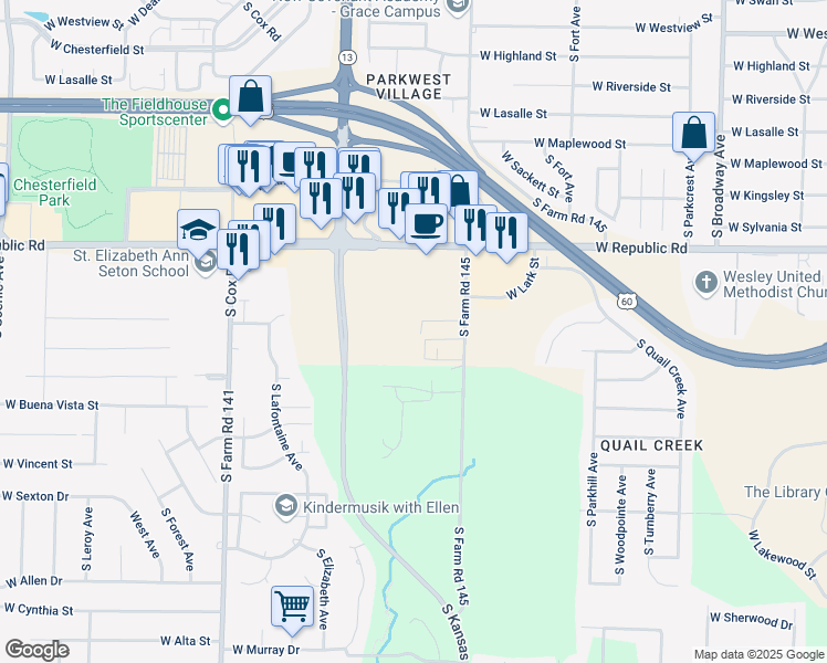 map of restaurants, bars, coffee shops, grocery stores, and more near 4323 South Meadowbrook Avenue in Springfield