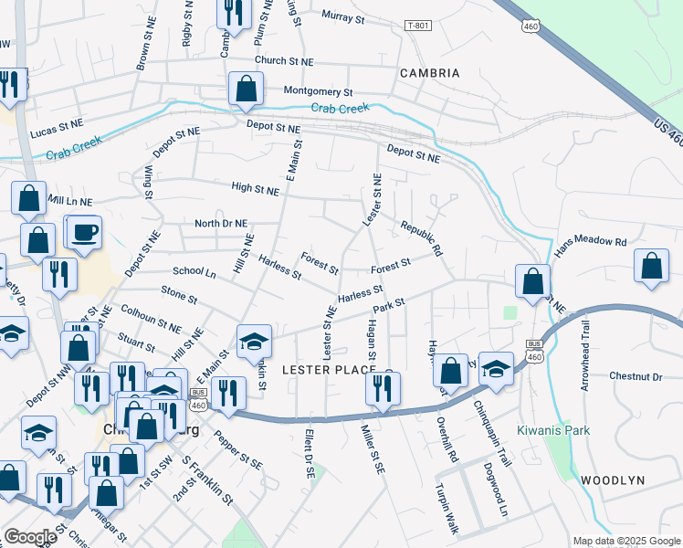 map of restaurants, bars, coffee shops, grocery stores, and more near Lester Street Northeast in Christiansburg