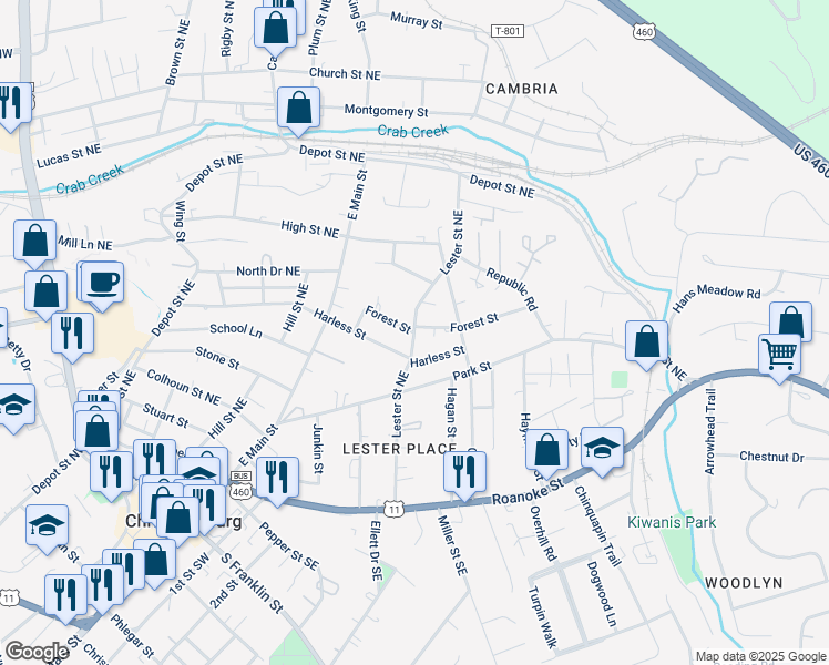 map of restaurants, bars, coffee shops, grocery stores, and more near Lester Street Northeast in Christiansburg