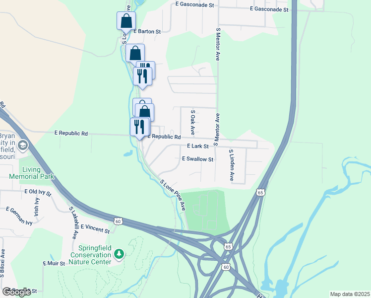 map of restaurants, bars, coffee shops, grocery stores, and more near 3112 E Lark St in Springfield