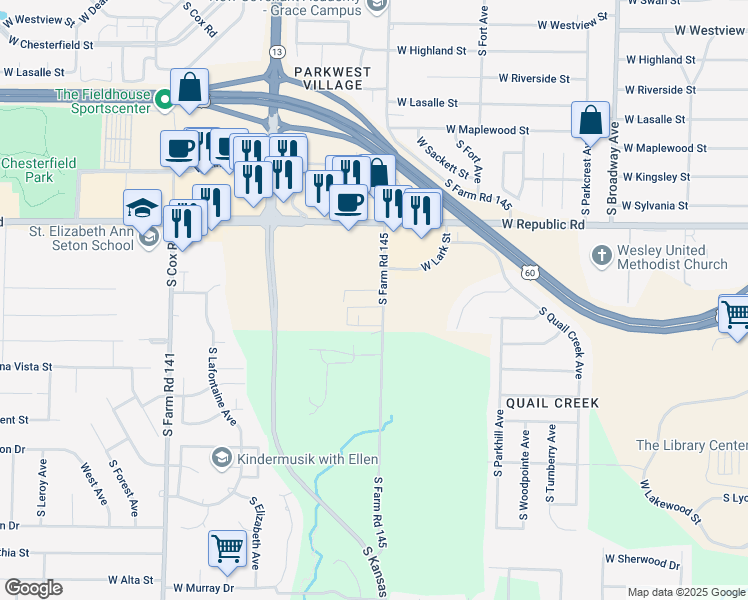 map of restaurants, bars, coffee shops, grocery stores, and more near 4319 South Kansas Avenue in Springfield