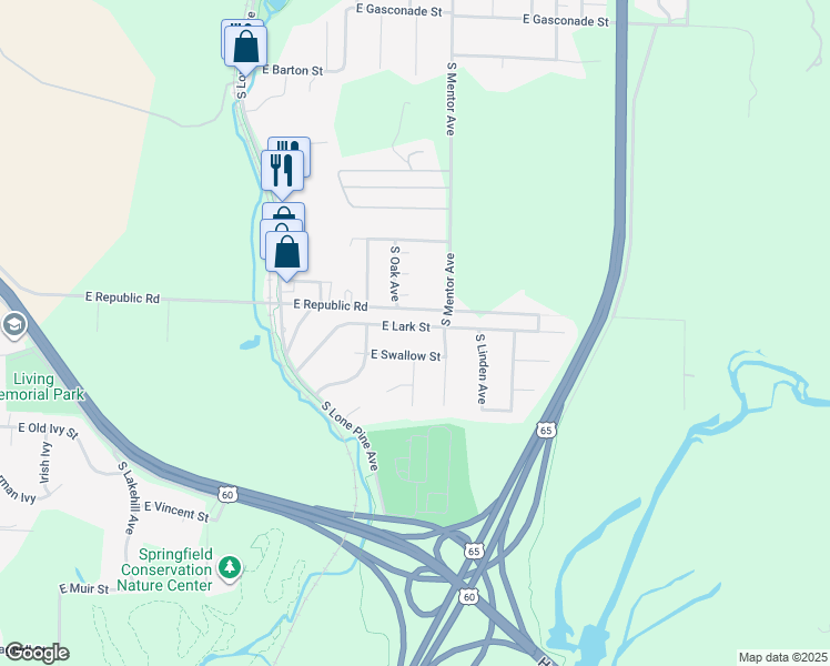 map of restaurants, bars, coffee shops, grocery stores, and more near 3156 East Lark Street in Springfield
