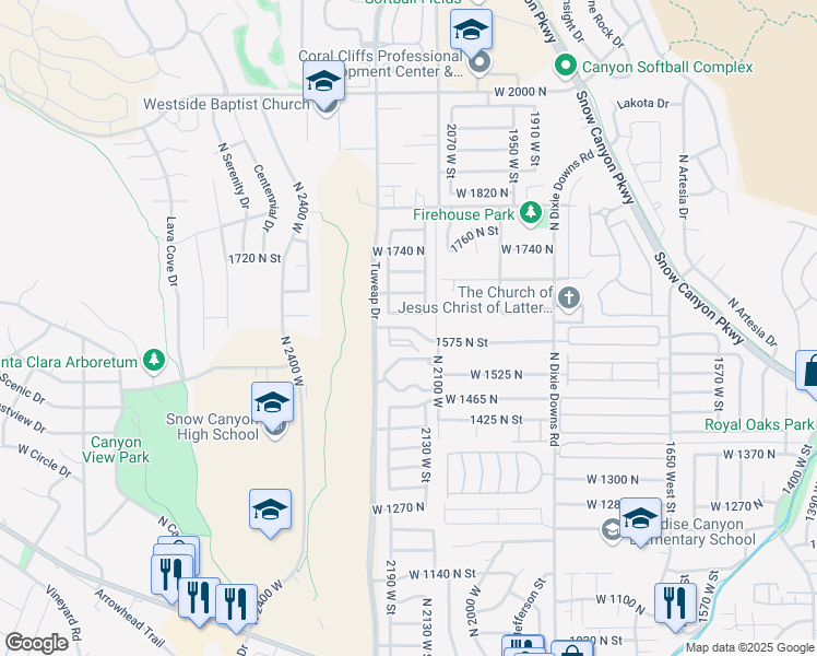 map of restaurants, bars, coffee shops, grocery stores, and more near 1575 North in St. George