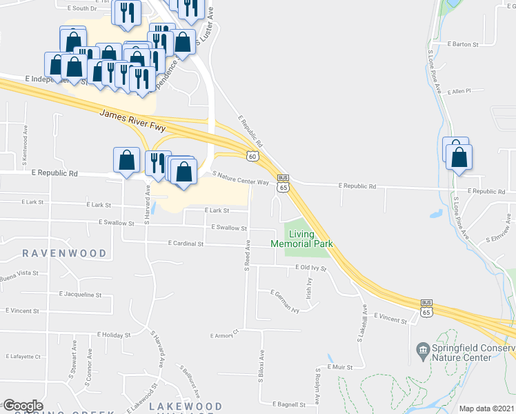 map of restaurants, bars, coffee shops, grocery stores, and more near 4304 South Reed Avenue in Springfield