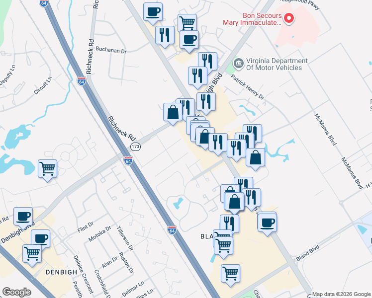 map of restaurants, bars, coffee shops, grocery stores, and more near 529 Ashwood Drive in Newport News