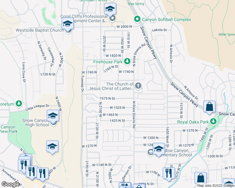 map of restaurants, bars, coffee shops, grocery stores, and more near 1980 1575 North in St. George
