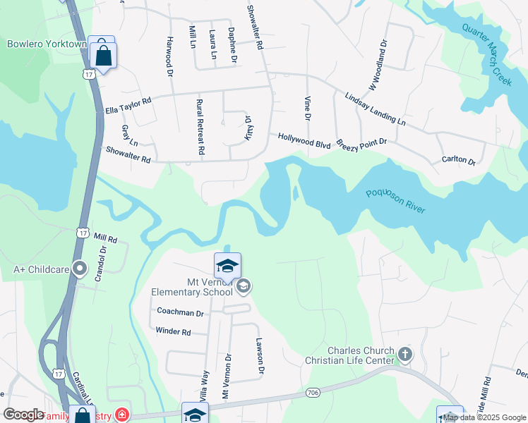 map of restaurants, bars, coffee shops, grocery stores, and more near 107 Beecham Drive in Yorktown