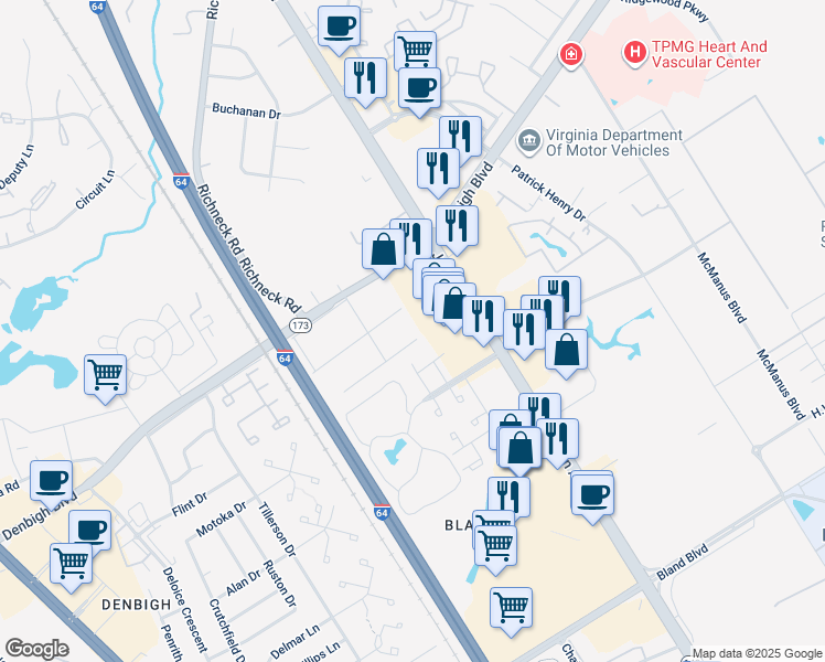 map of restaurants, bars, coffee shops, grocery stores, and more near 529 Ashwood Drive in Newport News