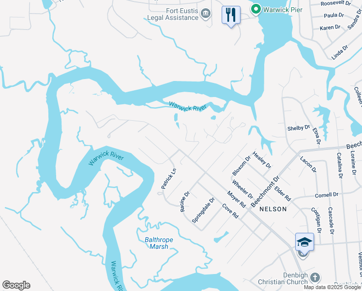 map of restaurants, bars, coffee shops, grocery stores, and more near 1214 Moyer Road in Newport News