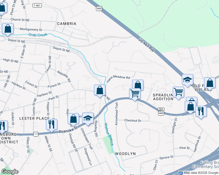 map of restaurants, bars, coffee shops, grocery stores, and more near 1000 Scott St in Christiansburg