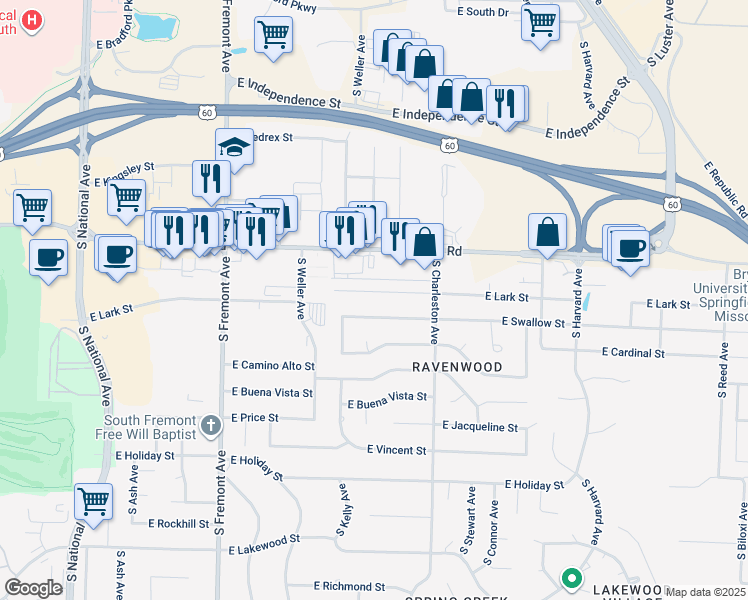 map of restaurants, bars, coffee shops, grocery stores, and more near 1659 E Swallow St in Springfield