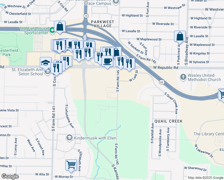 map of restaurants, bars, coffee shops, grocery stores, and more near 4319 South Kansas Avenue in Springfield