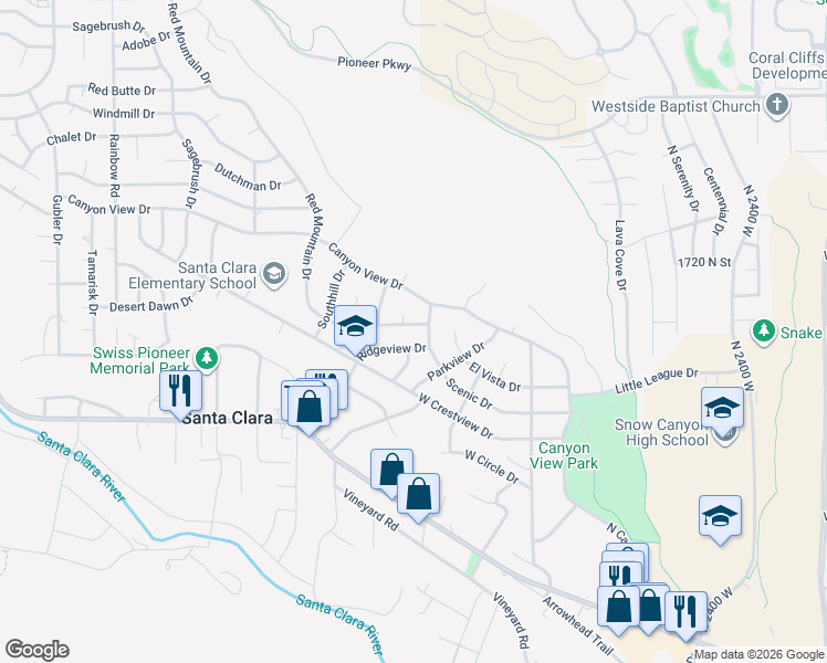 map of restaurants, bars, coffee shops, grocery stores, and more near 2710 North Hilltop Drive in Santa Clara