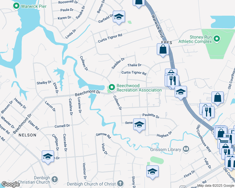 map of restaurants, bars, coffee shops, grocery stores, and more near 318 Beechmont Drive in Newport News