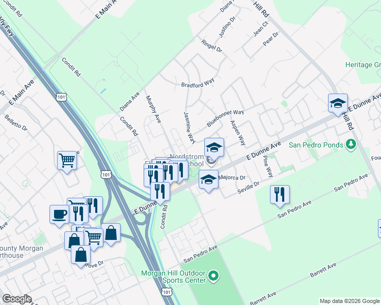map of restaurants, bars, coffee shops, grocery stores, and more near 1255 Kelly Park Circle in Morgan Hill