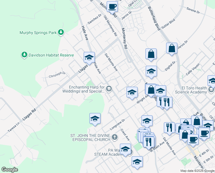 map of restaurants, bars, coffee shops, grocery stores, and more near 17870 Ril Marianna Court in Morgan Hill