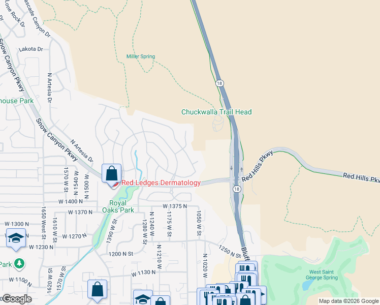 map of restaurants, bars, coffee shops, grocery stores, and more near 1616 Hummingbird Drive in St. George