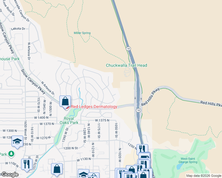 map of restaurants, bars, coffee shops, grocery stores, and more near 1616 Hummingbird Drive in St. George