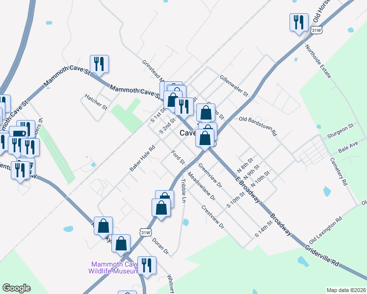 map of restaurants, bars, coffee shops, grocery stores, and more near 300-376 Quigley St in Cave City