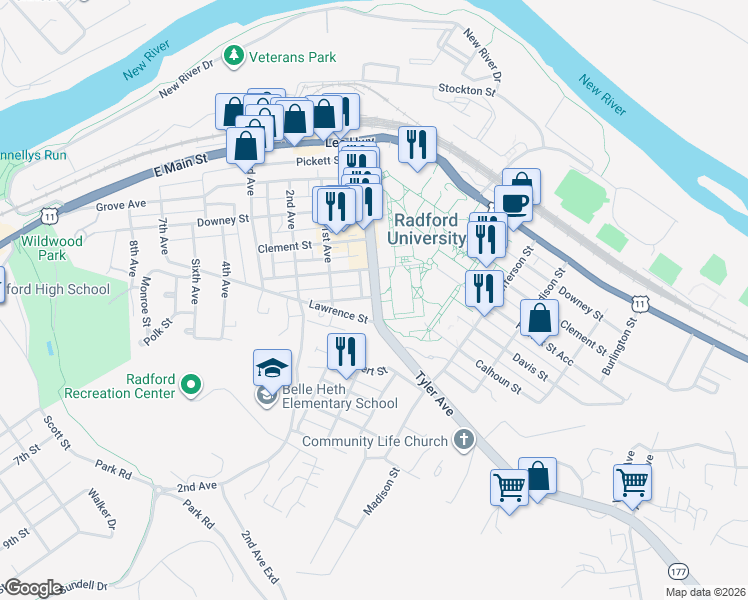 map of restaurants, bars, coffee shops, grocery stores, and more near 604 Tyler Avenue in Radford