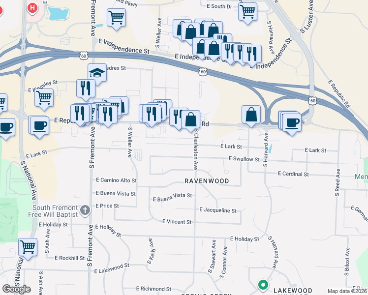 map of restaurants, bars, coffee shops, grocery stores, and more near 1744 East Lark Street in Springfield